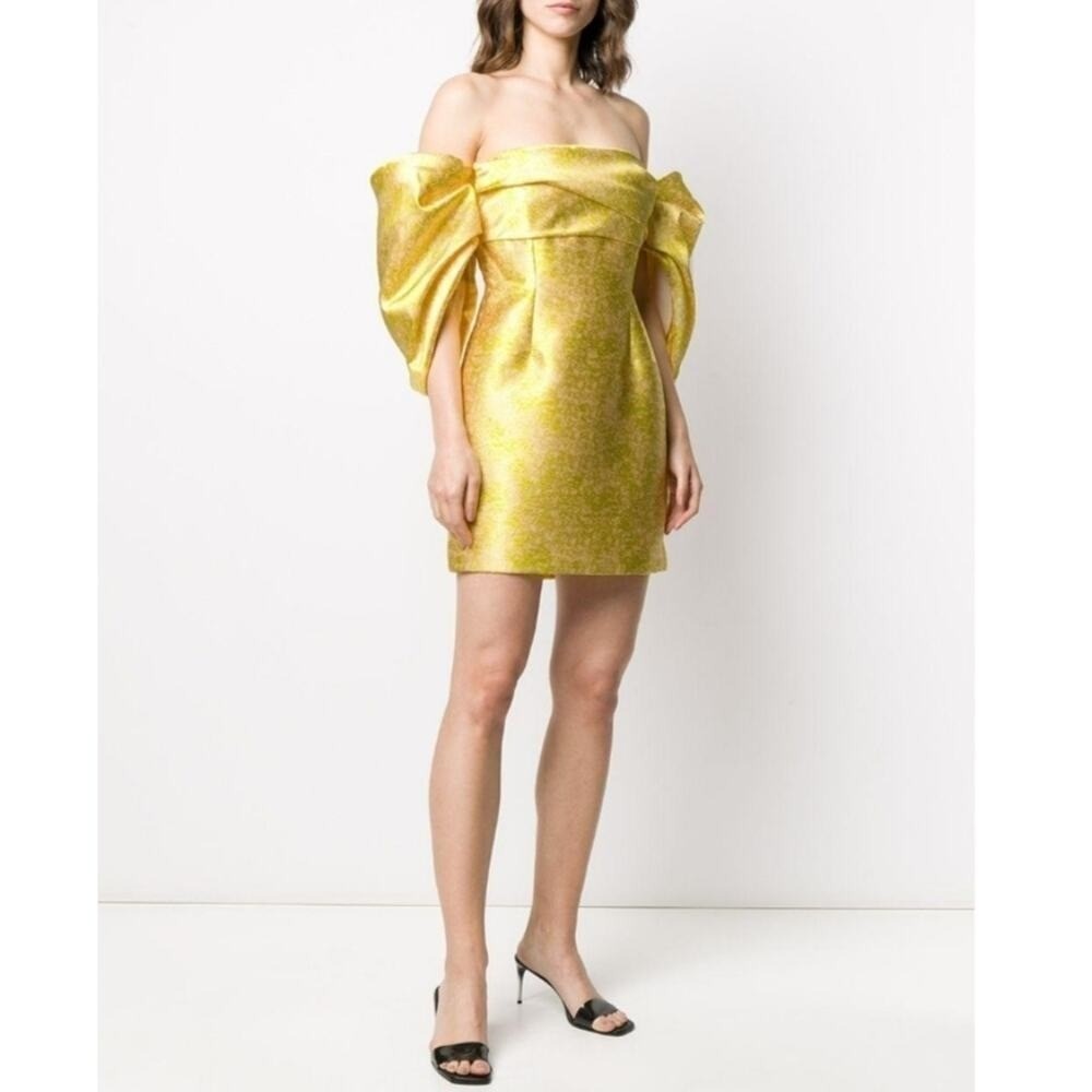Solace London Elina Off-The-Shoulder‎ Duchesse Satin Mini Dress Size US 6 Yellow
